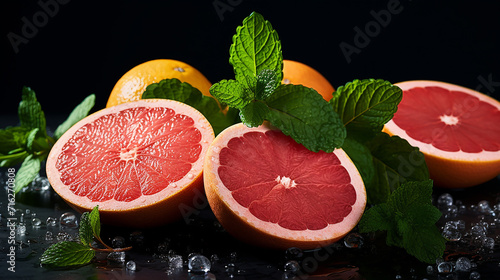 grapefruit and mint zest ruby red grapefruit slices on dark background photo