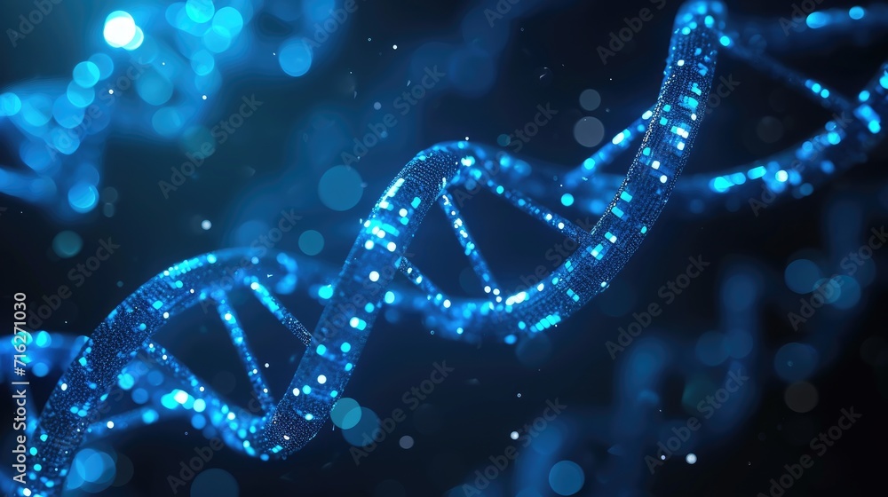 A captivating depiction of the blue helix structure of human DNA, symbolizing advancements in medical science and genetic biotechnology, Ai Generated.