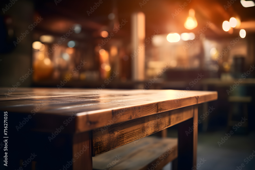 Wooden cafe table bokeh background, empty wood desk restaurant tabletop counter in bar or coffee shop surface product display mockup with blurry city lights backdrop presentation. Mock up, copy space. Wooden cafe table bokeh background, empty wood desk restaurant tabletop counter in bar or coffee shop surface product display mockup with blurry city lights backdrop presentation. Mock up, copy space.