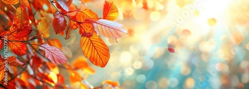 Autumn leaves bask in sunlight rays, with blurred trees adding depth, Ai Generated