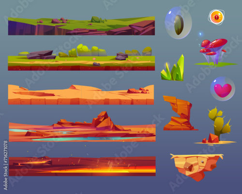 Game ui elements set with floating ground platform with green grass, sandy cracked desert, volcanic with lava surface, rocks and gem, heart and plant gui assets. Cartoon vector illustration kit.