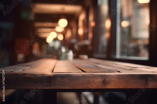 Wooden cafe table bokeh background, empty wood desk restaurant tabletop counter in bar or coffee shop surface product display mockup with blurry city lights backdrop presentation. Mock up, copy space. © Nilla
