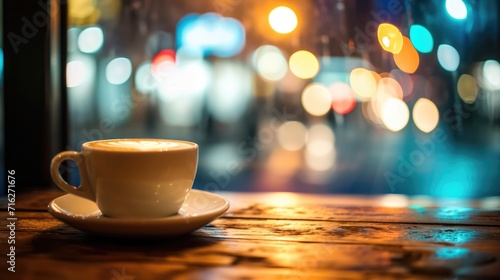 A cup of coffee on a saucer on a table in a cafe, Ai Generated