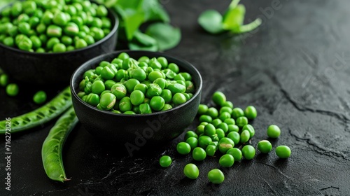 Vibrant green peas in bowls on a sleek black backdrop, Ai Generated.