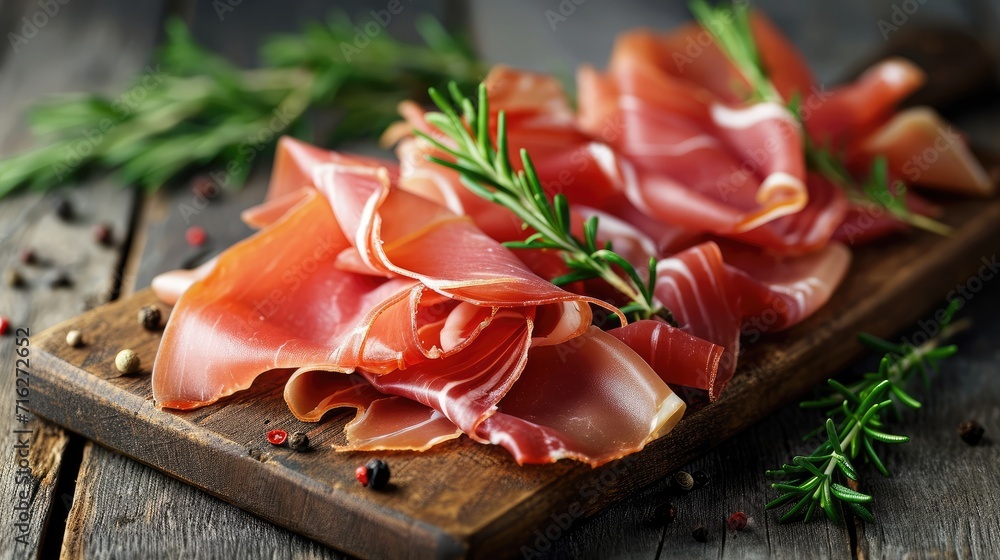 Indulge in the elegance of thinly sliced prosciutto, artfully displayed on a charming wooden board, a gourmet delight, Ai Generated.