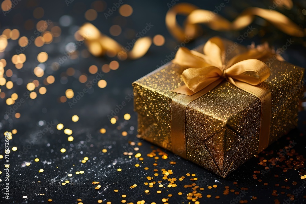 Golden gift box with a shimmering ribbon, set amidst confetti on a dark background, Ai Generated. Golden gift box with a shimmering ribbon, set amidst confetti on a dark background, Ai Generated.