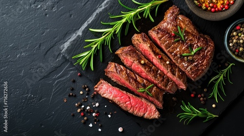 Experience culinary excellence with this succulent grilled beef fillet, elevated by herbs and spices against a striking dark canvas, Ai Generated.