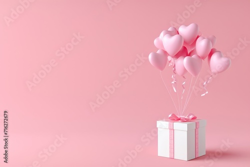 Pink heart balloons float from a white gift box, a vision of love and surprise, Ai Generated.
