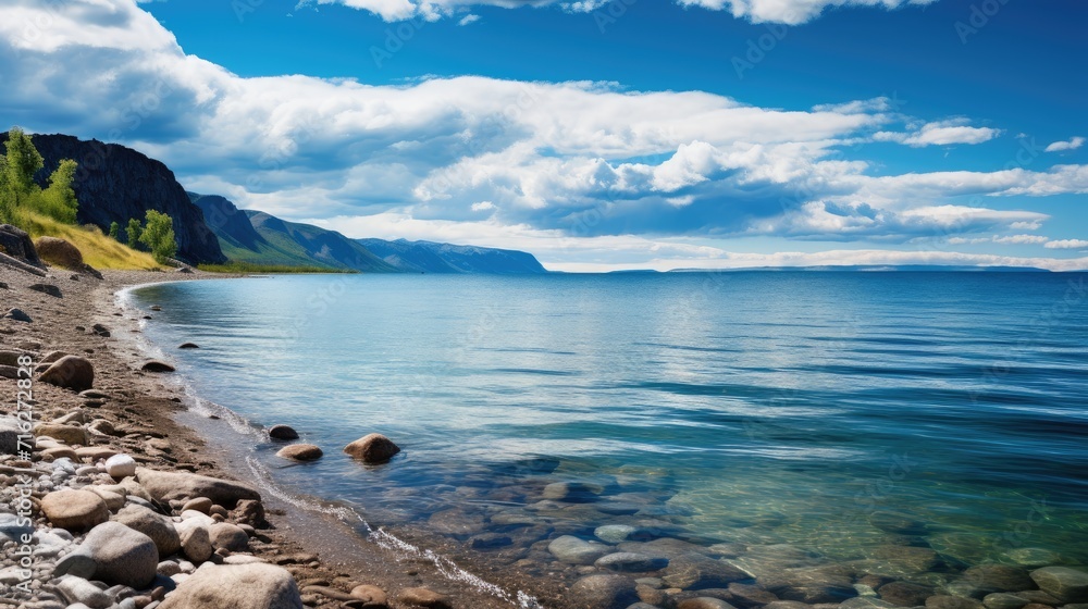 Scenic Baikal lakefront, clouds hovering above the water, Ai Generated