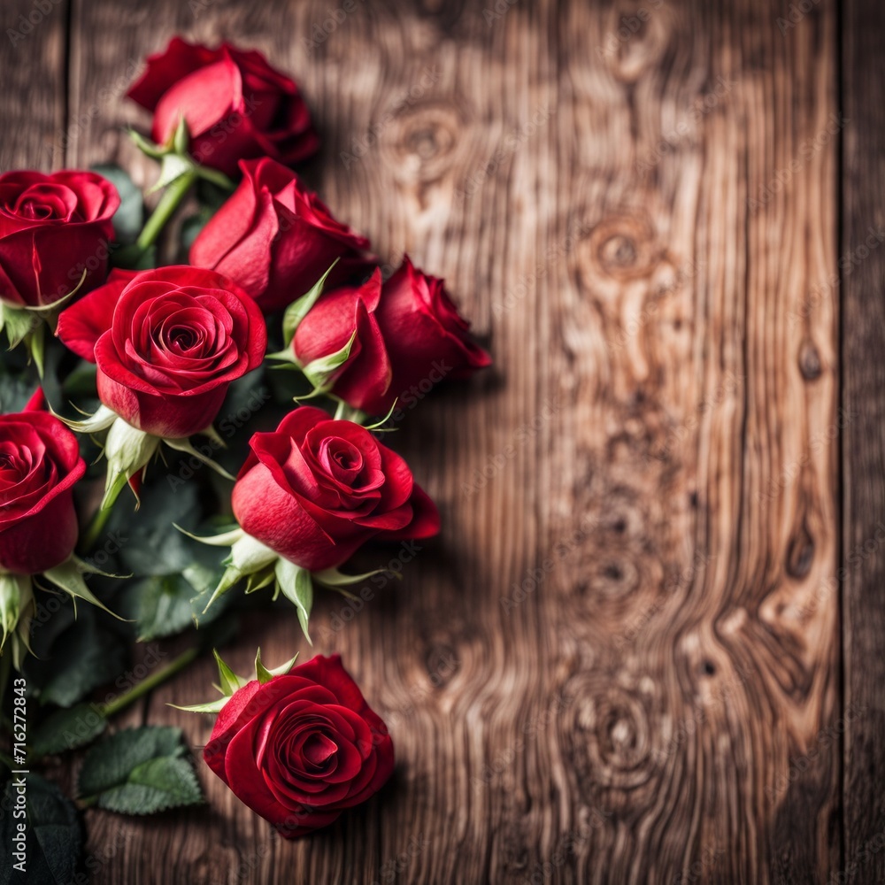 A beautiful bunch of red roses on a wooden background