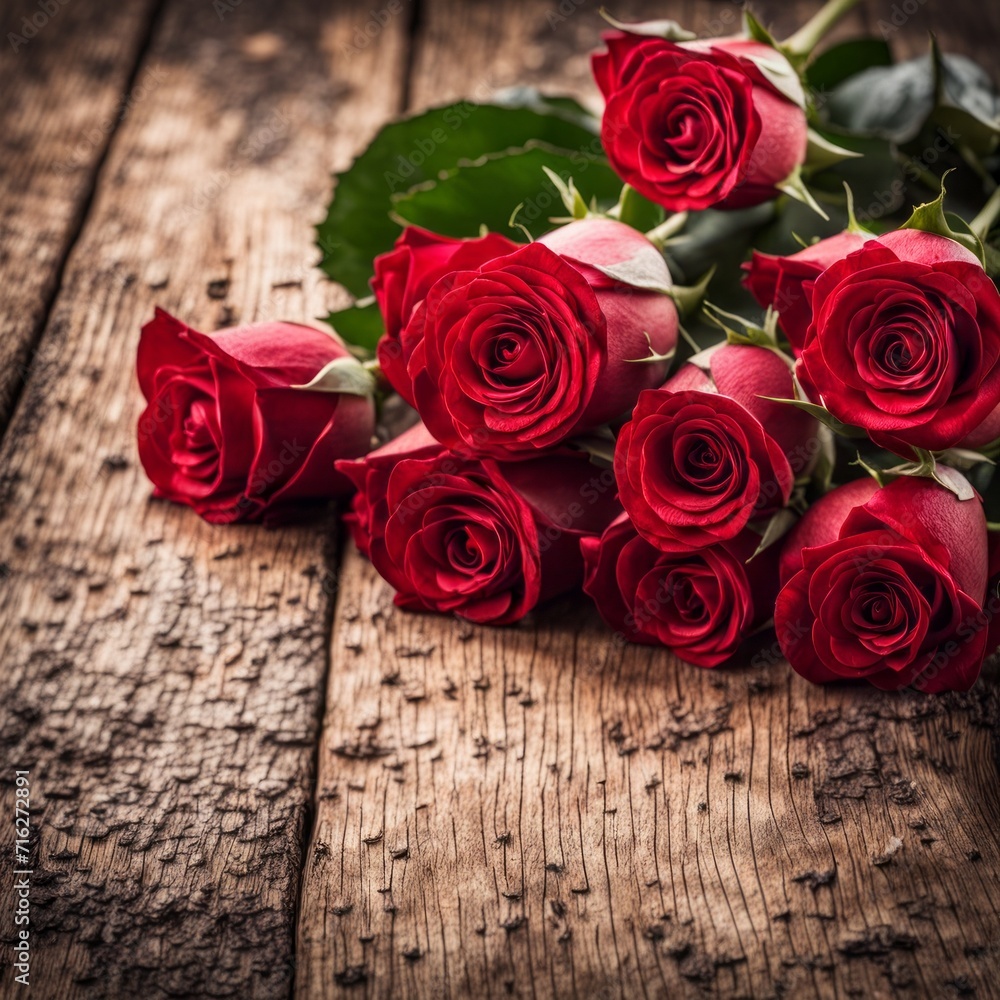 A beautiful bunch of red roses on a wooden background A beautiful bunch of red roses on a wooden background