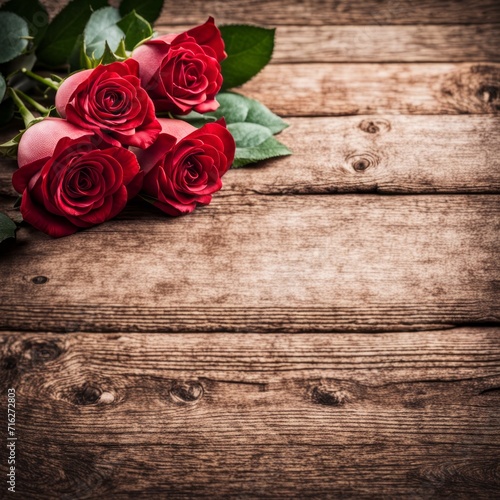 A beautiful bunch of red roses on a wooden background