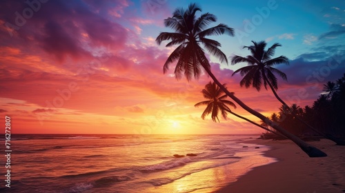 Gorgeous  vivid sunset at a tropical sea beach  outlined by coconut tree silhouettes  Ai Generated.