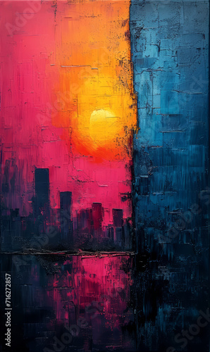 Grunge urban background with sunset and skyscrapers in the city.