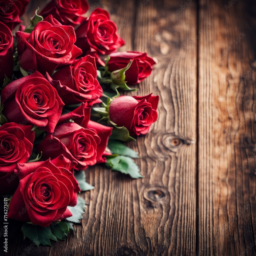 A beautiful bunch of red roses on a wooden background A beautiful bunch of red roses on a wooden background