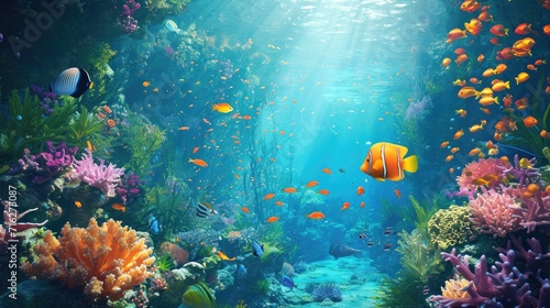 An underwater scene with a coral reef and exotic fishes showcases marine splendor, Ai Generated. © Crazy Juke