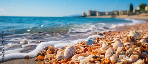 A close-up of numerous seashells on the sandy beach, with the ocean in the background, is picturesque, Ai Generated.