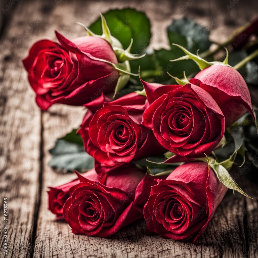 Obraz premium A beautiful bunch of red roses on a wooden background