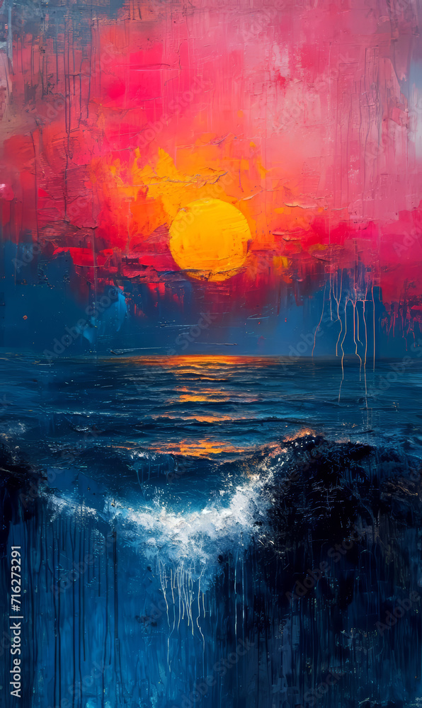 Sunset over the sea. Modern painting on canvas. Contemporary art.