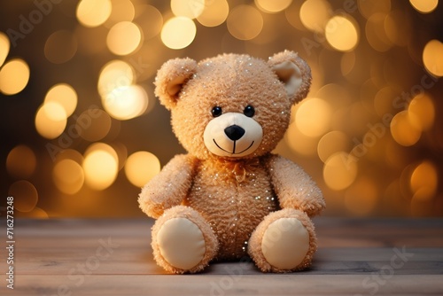 Toy teddy bear sits serenely, a front view against a dreamy bokeh background, Ai Generated.