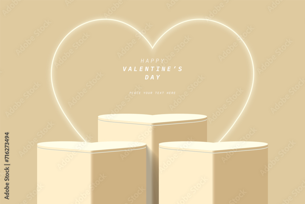 Abstract 3D brown cylinder podium pedestal realistic or product display stand with glowing neon light heart shape background. Minimal wall scene for product mockup. Valentine's day promotion design. - obrazy, fototapety, plakaty 