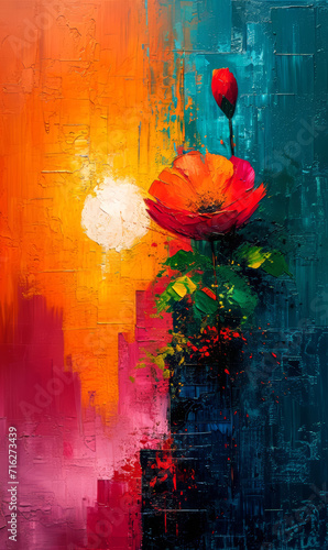 Abstract oil painting on canvas with poppy flower. Colorful background.