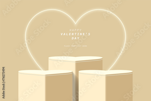 Abstract 3D brown cylinder podium pedestal realistic or product display stand with glowing neon light heart shape background. Minimal wall scene for product mockup. Valentine's day promotion design.