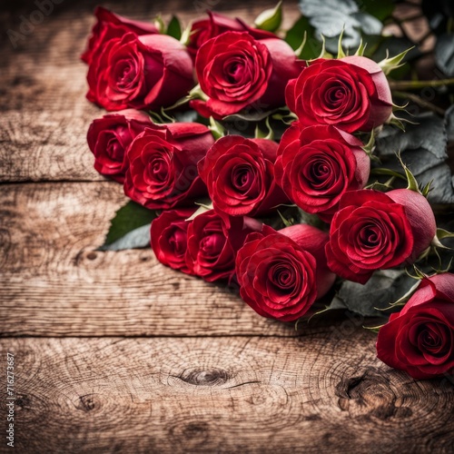 A beautiful bunch of red roses on a wooden background