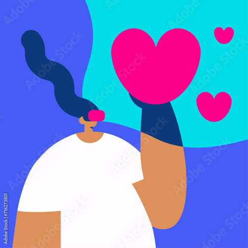 Finding love in the Metaverse. Girl is looking for a romantic relationship. Celebrating Valentine's Day in virtual reality. Flat Vector illustration.