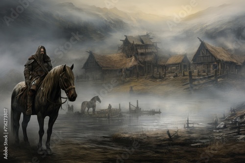 Scandinavian Viking warrior holding an ax and a shied with horse in misty landscape. Generative ai photo