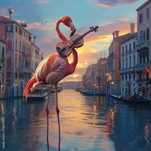 Flamingo Playing Violin in Water, Graceful Bird Acquires Musical Talent photo