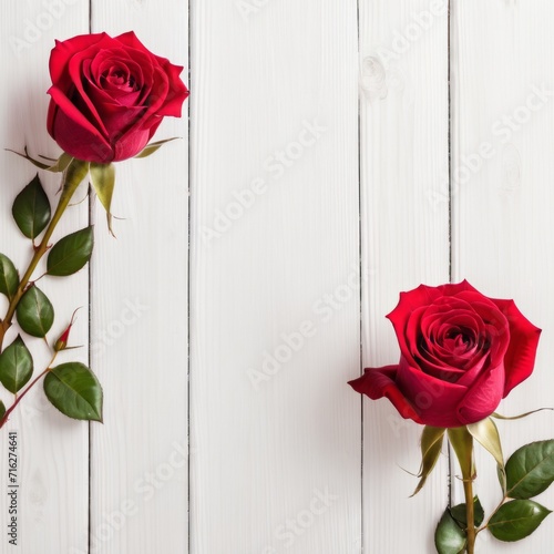 Red rose flowers over white wood background. Romantic greeting card for Valentine's Day.