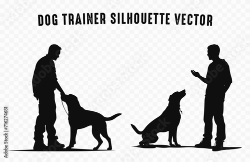Dog Trainer Silhouettes Black Vector, A Man training a dog Silhouette