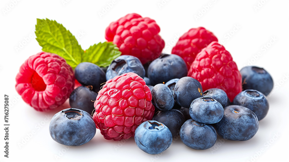 Sweet berries mix isolated on white background. Ripe raspberry and blueberries. Made with generative ai Sweet berries mix isolated on white background. Ripe raspberry and blueberries. Made with generative ai