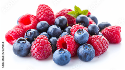 Sweet berries mix isolated on white background. Ripe raspberry and blueberries. Made with generative ai