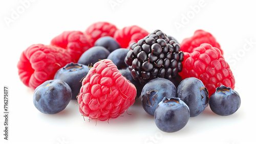 Sweet berries mix isolated on white background. Ripe raspberry and blueberries. Made with generative ai