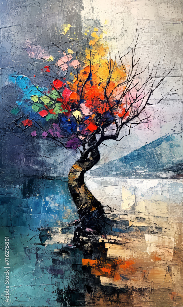 Fototapeta premium Tree with colorful leaves painting on the wall. Modern art painting.