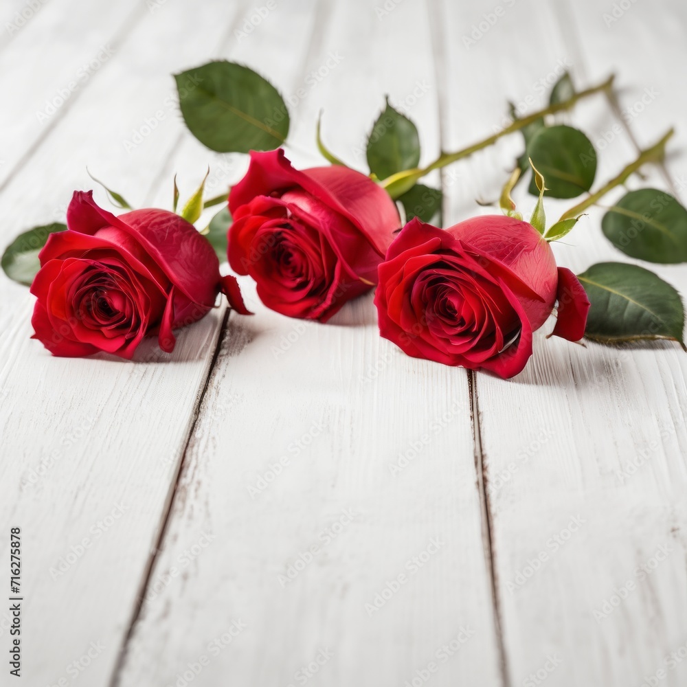 Red rose flowers over white wood background. Romantic greeting card for Valentine's Day.