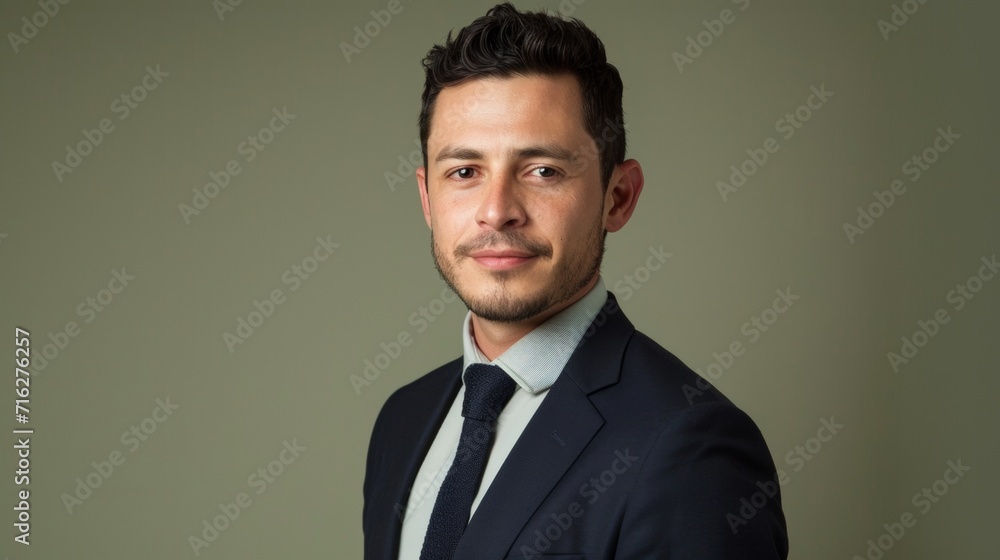Savvy Young Businessman Professional in Navy Blazer with Olive Background Savvy Young Businessman Professional in Navy Blazer with Olive Background
