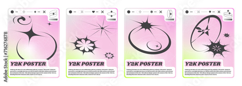 Y2k banners set with abstract black signs. Vector realistic illustration of retrowave aesthetic posters with wireframe torus shape on pink and yellow color gradient background, retro futuristic flyers