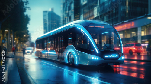 A network of autonomous buses and shuttles navigating a smart citys streets, revolutionizing public transportation