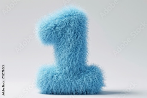 Cute blue number 1 or one as fur shape, short hair, white background, 3D illusion, storybook style photo