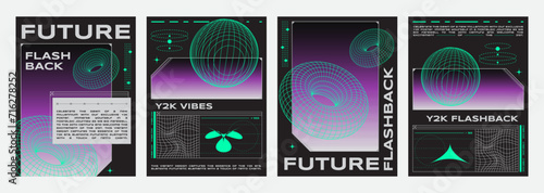 Poster design layout in y2k trendy retro style with neon color grid abstract geometric shape on simple gradient background. Vector set of banner composition template with wireframe 3d figure.