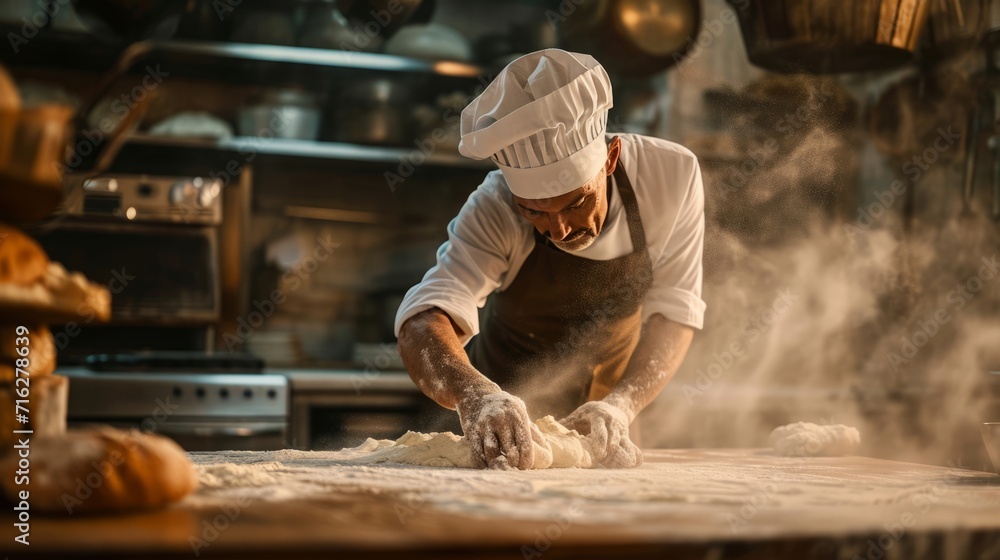 Chef Kneading Dough in Kitchen, Creating Delicious Handmade Bread