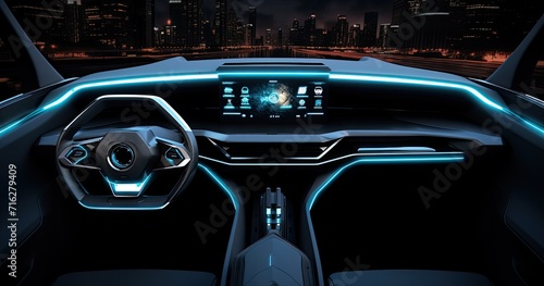 In the future of automotive design, a car dashboard featuring cutting-edge holographic controls and futuristic digital displays.