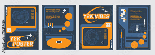 Poster design template in y2k aesthetic style with grid retro shape and object on dark grey background. Vector set of banner composition layout with wireframe vintage 3d figure in 90s and 00s style.
