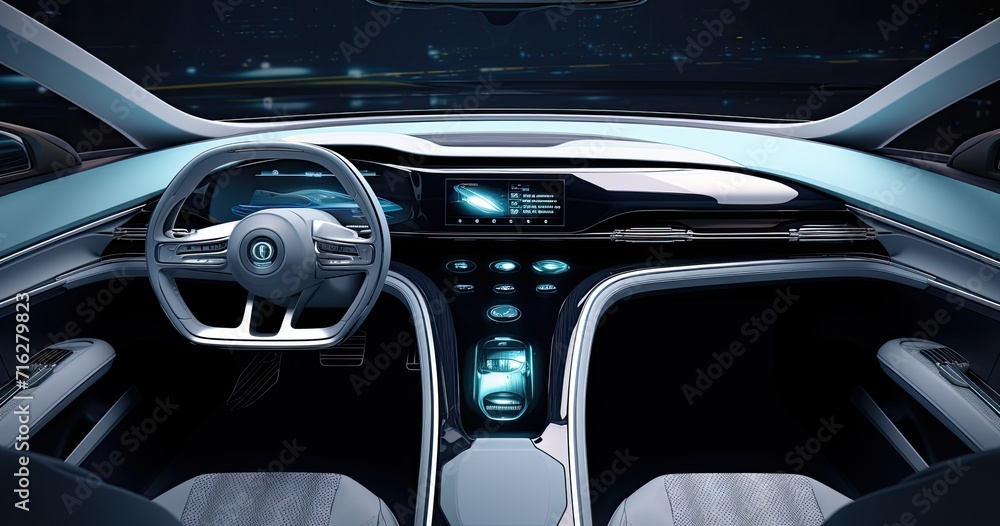 A glimpse into automotive innovation with a futuristic car dashboard boasting holographic controls and state-of-the-art digital displays.