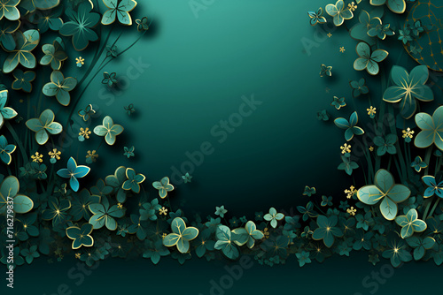 Card template with empty space for St. Patrick's Day with green four and clover on green background, with gold splashes for party invitation design.