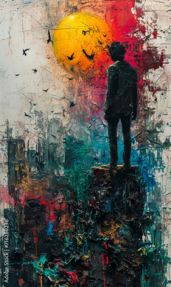 Obraz premium Abstract color painting on canvas. man standing on a pile of old books.