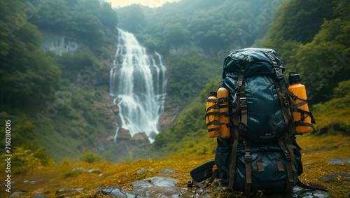 A backpack lay on the ground and waterfall view